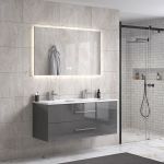 LinneaDesign 120 cm grå høyglans baderomsmøbel dobbel m/hvit servant og rektangulært speil