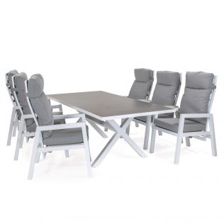 Jamaica spisegruppe m/bord og 6 reclinerstoler i hvit aluminium