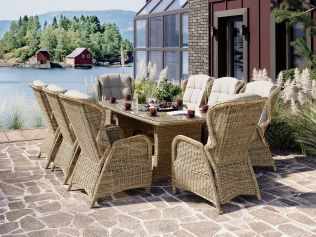 Holiday Garden XL spisegruppe med 8 Karibia-reclinere i naturmix