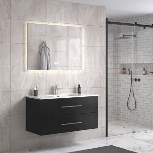 LinneaDesign 100 cm sort matt baderomsmøbel m/hvit servant og rektangulært speil