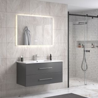 LinneaDesign 100 cm grå matt baderomsmøbel m/hvit servant og rektangulært speil