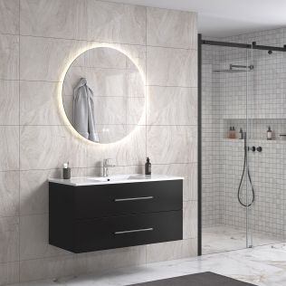 LinneaDesign 100 cm sort matt baderomsmøbel m/hvit servant og rundt speil