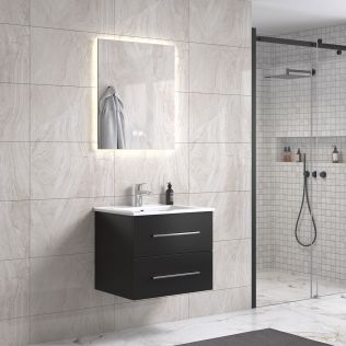 LinneaDesign 60 cm sort matt baderomsmøbel m/hvit servant og rektangulært speil