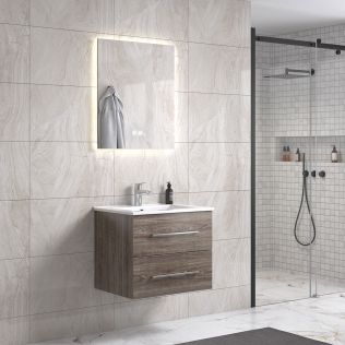 LinneaDesign 60 cm grå alm baderomsmøbel m/hvit servant og rektangulært speil