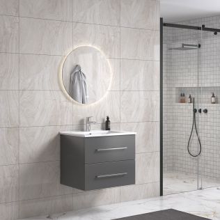 LinneaDesign 60 cm grå matt baderomsmøbel m/hvit servant og rundt speil