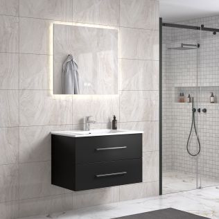 LinneaDesign 80 cm sort matt baderomsmøbel m/hvit servant og rektangulært speil
