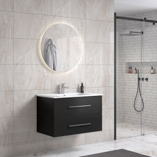 LinneaDesign 80 cm sort matt baderomsmøbel m/hvit servant og rundt speil