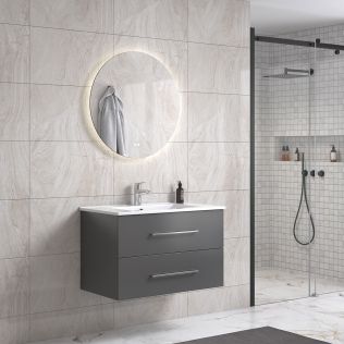 LinneaDesign 80 cm grå matt baderomsmøbel m/hvit servant og rundt speil