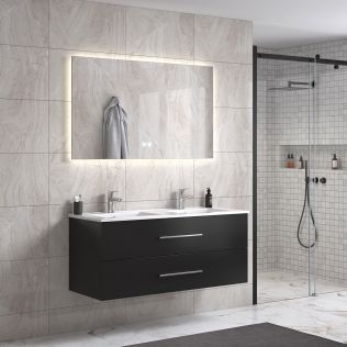 LinneaDesign 120 cm sort matt baderomsmøbel dobbel m/hvit servant og rektangulært speil