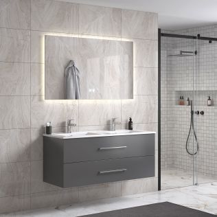 LinneaDesign 120 cm grå matt baderomsmøbel dobbel m/hvit servant og rektangulært speil