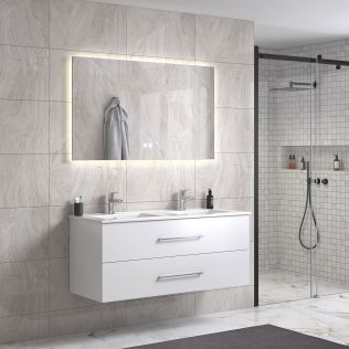 LinneaDesign 120 cm hvit matt baderomsmøbel dobbel m/hvit servant og rektangulært speil