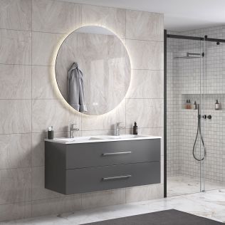 LinneaDesign 120 cm grå matt baderomsmøbel dobbel m/hvit servant og rundt speil