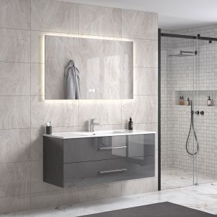 LinneaDesign 120 cm grå høyglans baderomsmøbel single m/hvit servant og rektangulært speil