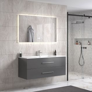 LinneaDesign 120 cm grå matt baderomsmøbel single m/hvit servant og rektangulært speil