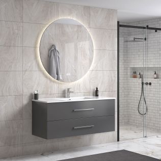 LinneaDesign 120 cm grå matt baderomsmøbel single m/hvit servant og rundt speil