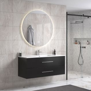 LinneaDesign 120 cm sort matt baderomsmøbel single m/hvit servant og rundt speil