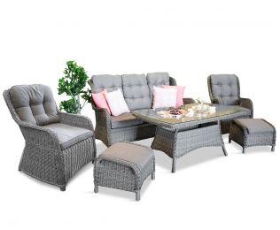 Living - Spisegruppe med treseter sofa, lenestoler og bord i gråmix
