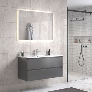 StellaDesign 100 cm grå matt baderomsmøbel m/hvit servant og rektangulært speil