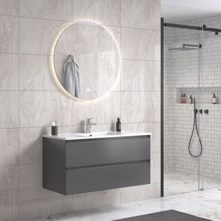 StellaDesign 100 cm grå matt baderomsmøbel m/hvit servant og rundt speil