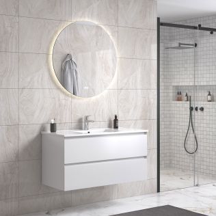 StellaDesign 100 cm hvit matt baderomsmøbel m/hvit servant og rundt speil