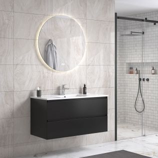 StellaDesign 100 cm sort matt baderomsmøbel m/hvit servant og rundt speil