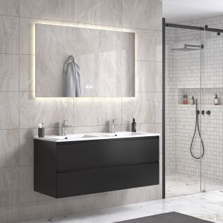 StellaDesign 120 cm sort matt baderomsmøbel dobbel m/hvit servant og rektangulært speil