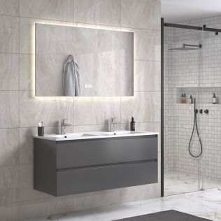 StellaDesign 120 cm grå matt baderomsmøbel dobbel m/hvit servant og rektangulært speil
