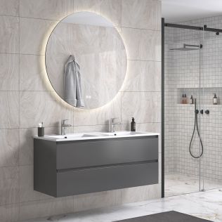 StellaDesign 120 cm grå matt baderomsmøbel dobbel m/hvit servant og rundt speil