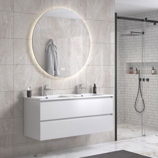 StellaDesign 120 cm hvit matt baderomsmøbel dobbel m/hvit servant og rundt speil