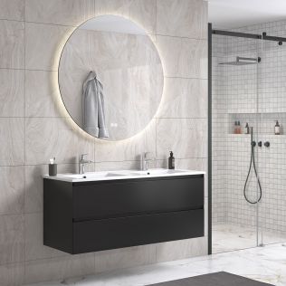StellaDesign 120 cm sort matt baderomsmøbel dobbel m/hvit servant og rundt speil