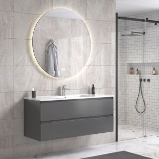 StellaDesign 120 cm grå matt baderomsmøbel single m/hvit servant og rundt speil