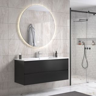 StellaDesign 120 cm sort matt baderomsmøbel single m/hvit servant og rundt speil