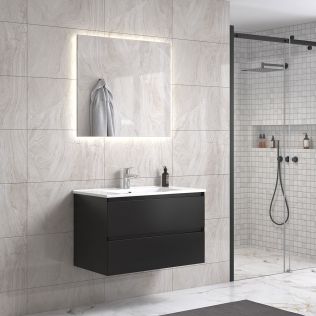 StellaDesign 80 cm sort matt baderomsmøbel m/hvit servant og rektangulært speil