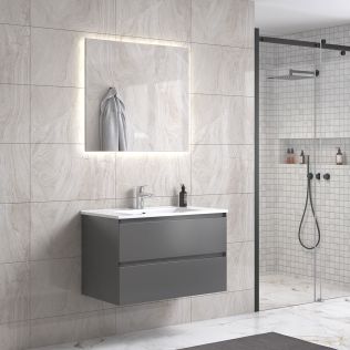 StellaDesign 80 cm grå matt baderomsmøbel m/hvit servant og rektangulært speil