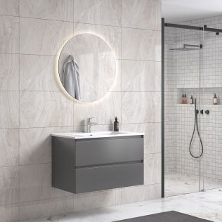 StellaDesign 80 cm grå matt baderomsmøbel m/hvit servant og rundt speil