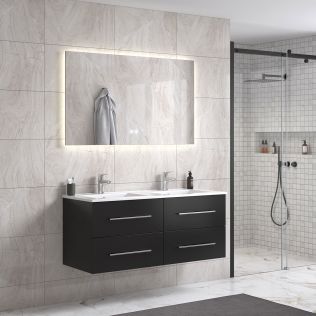 CleoDesign 120 cm sort matt baderomsmøbel dobbel m/hvit servant og rektangulært speil