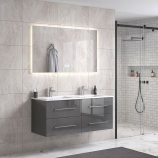 CleoDesign 120 cm grå høyglans baderomsmøbel dobbel m/hvit servant og rektangulært speil