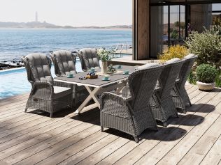 Skjærgården spisegruppe 210 cm med 6 reclinere i gråmix og bord i hvit aluminium